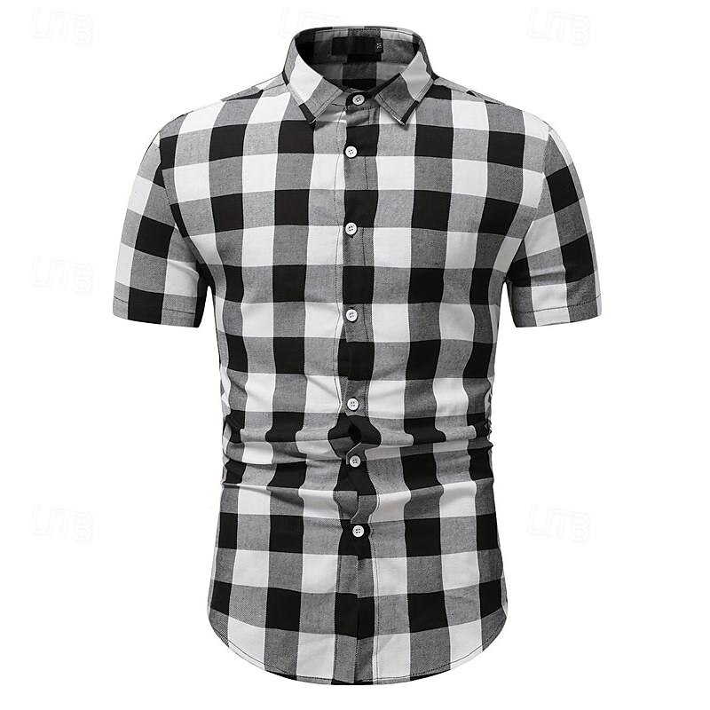 Men's Shirt Dress Shirt Button Up Shirt Plaid Wedding Party White Short Sleeve Lapel Summer Clothing Apparel2