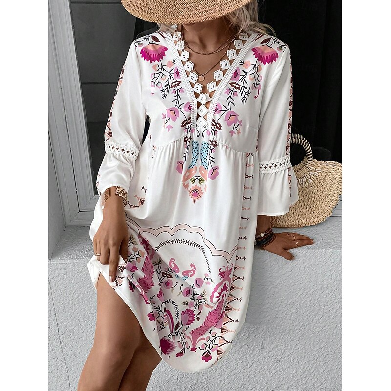Women's Midi Dress Chiffon Dress Boho Chic Dresses Boho Dress Elegant Dress Elegant Bohemia Vintage Vacation Daily Date Slim Floral Short Sleeve V Neck Black Pink Red Beige Summer Spring Fall Winter2