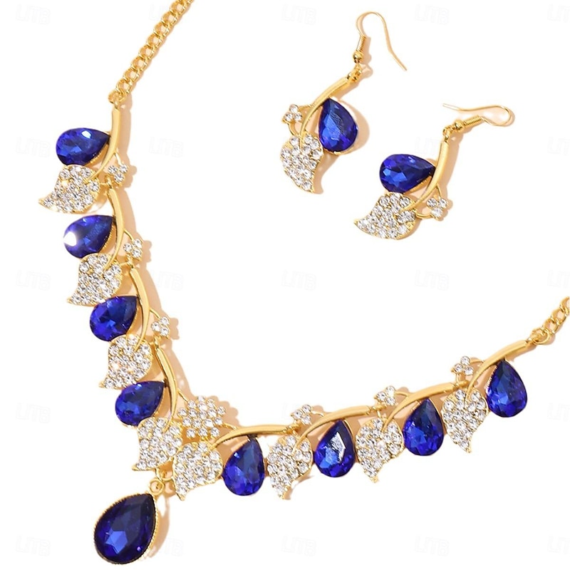 Elegant Women's Blue Crystal Drop Necklace and Earring Set - Rhinestone-Embellished Floral Design, Perfect for Weddings, Formal Events, and Special Occasions2