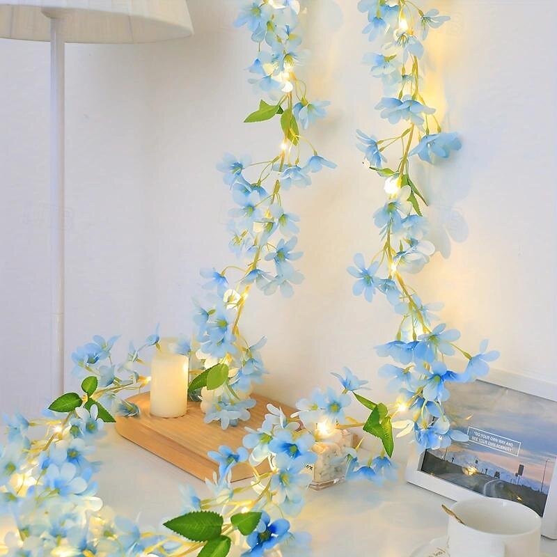 Elegant Wedding Party Reception Flower String Lights – Blue 6-Petal Floral Vine Battery Operated Fairy Lights for Bedroom Seasonal Home Decor