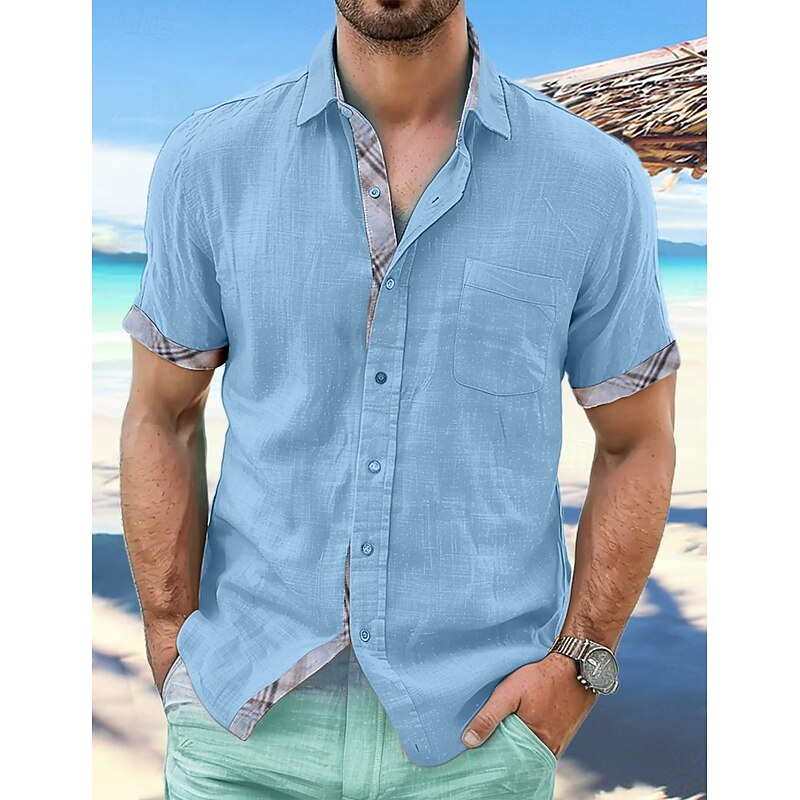Men's Linen Shirt Summer Shirt Beach Wear Casual Shirt Button Up Shirt Plain Vacation Curise White Blue Green Khaki Short Sleeve Lapel Spring & Summer Clothing Apparel Front Pocket