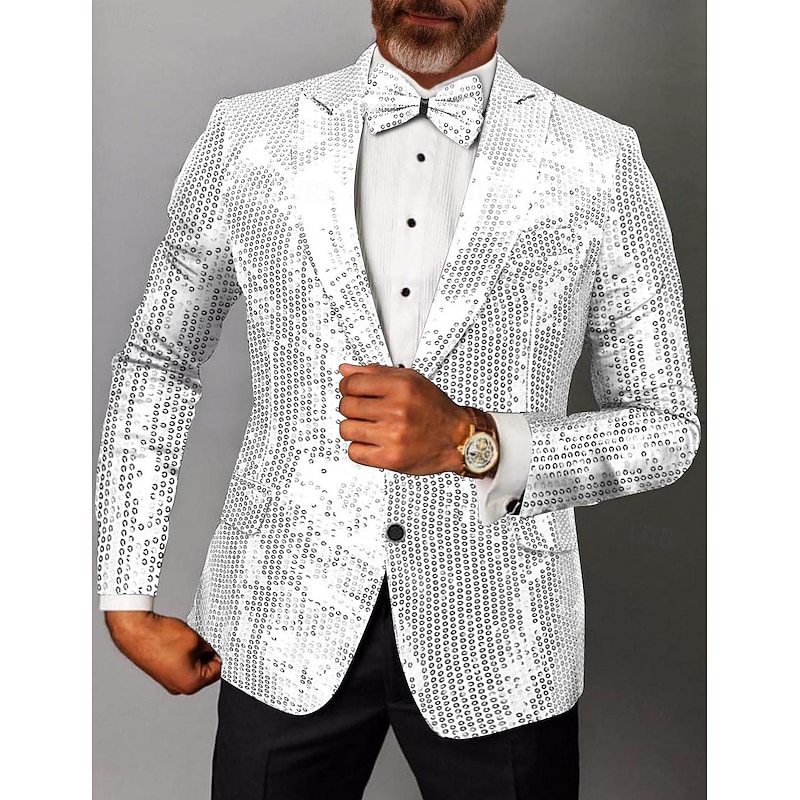 Men's Blazer Jacket Party Sparkle Sequin Solid Colored Black Silver Pink Tailored Fit Single Breasted Two-buttons3