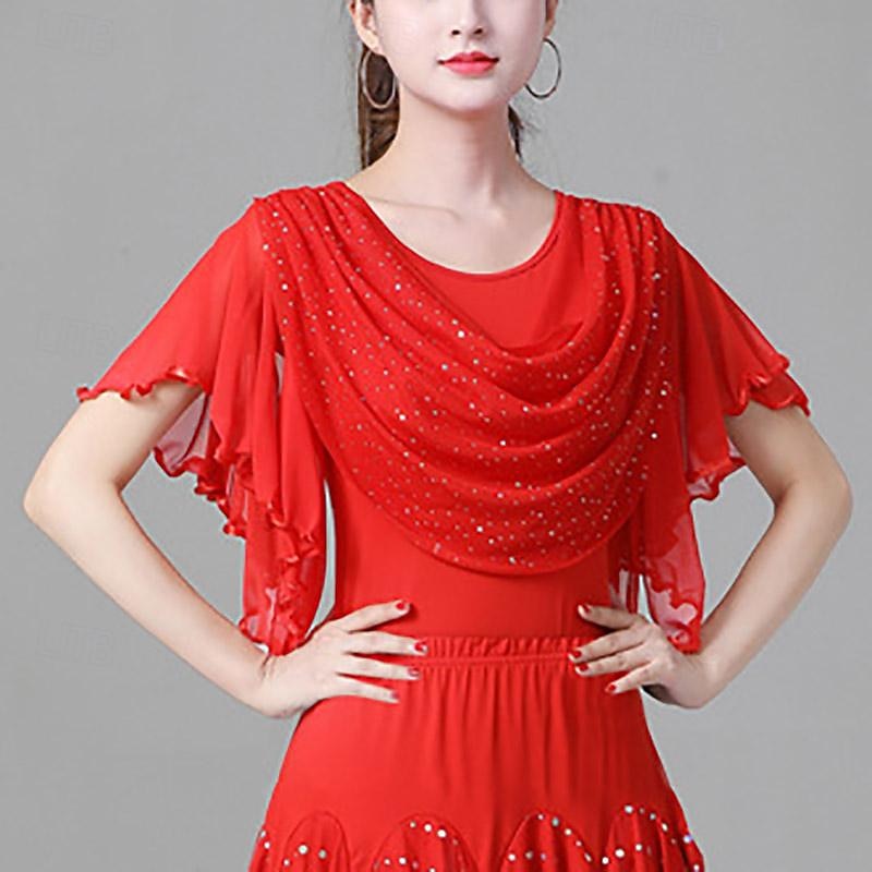 Latin Dance Ballroom Dance Top Ruffles Pure Color Splicing Women's Performance Training Short Sleeve High Polyester2