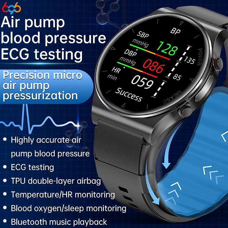 696 P70 Blood Glucose Watch Smart Watch 1.32 inch Smart Band Fitness Bracelet Bluetooth ECG+PPG Temperature Monitoring Pedometer Compatible with Android iOS Men Message Reminder IP 67 43mm Watch Case
