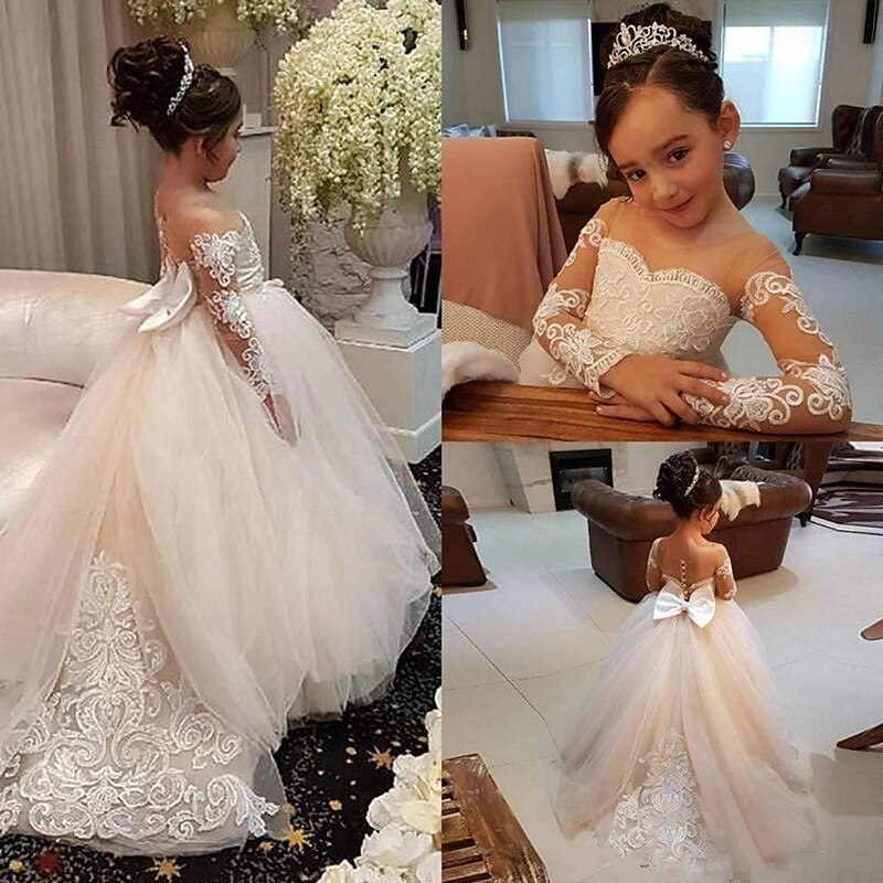 Kids Girls' Flower Girl Dress Party Dress Solid Color Long Sleeve Performance Wedding Party Mesh Princess Sweet Mesh Mid-Calf Sheath Dress Tulle Dress Summer Spring Fall 2-12 Years 4-12 Years White4