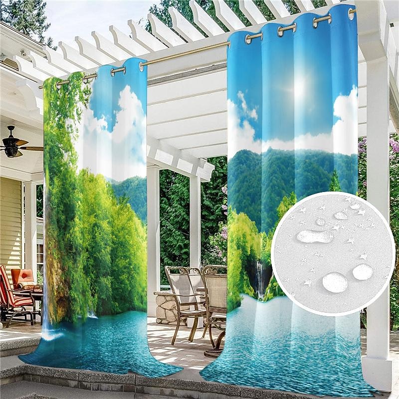 Outdoor Curtains for Patio Waterproof Blackout Outside Deck for Gazebo Pavilion Pergola Arbor Sun Room, 2 Panels, Waterfall River3