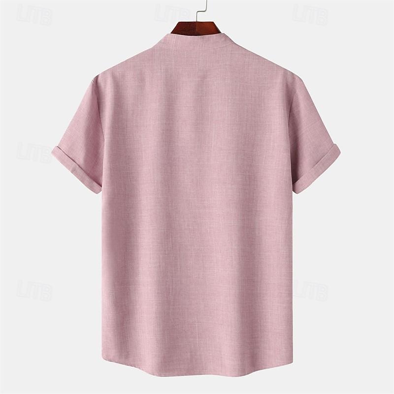 Men's Shirt Linen Shirt Chinese Collar Shirt Mandarin Collar Shirt Casual Shirt Cotton Shirt Plain Vacation Street Black Yellow Light Green Pink Short Sleeve Band Collar Summer Clothing Apparel2