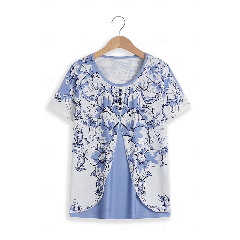 Women's T Shirt Floral Basic Short Sleeve Round Neck Regular Tops Holiday Weekend Buttons Print Pink Navy Blue Blue2