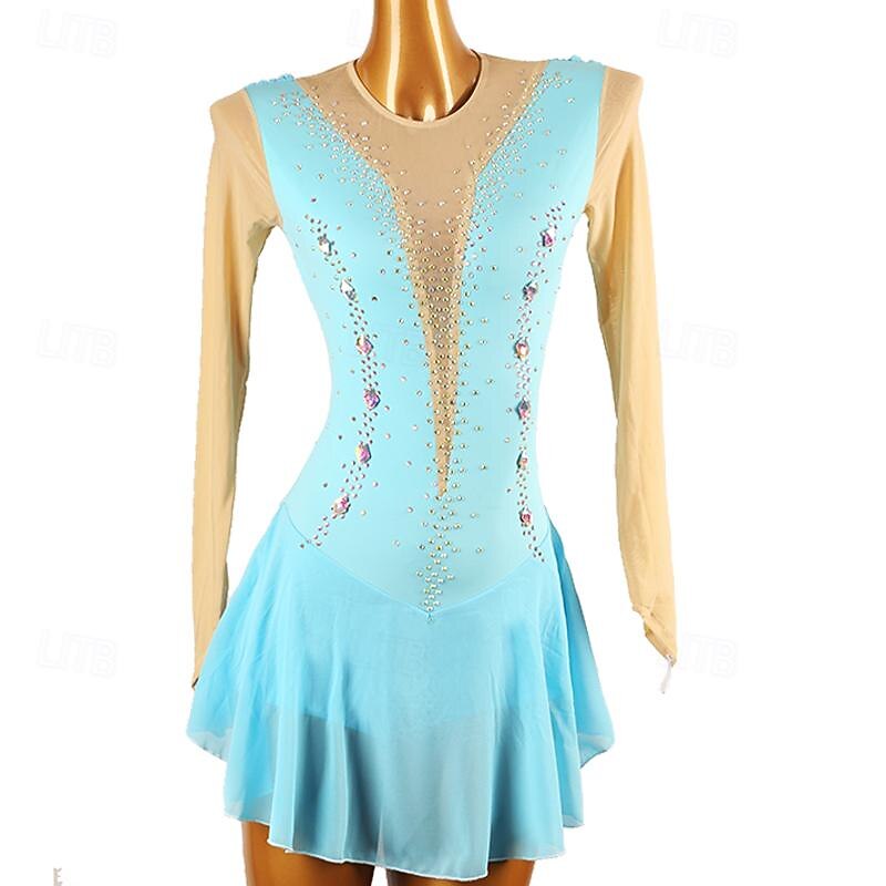 Figure Skating Dress Women's Girls' Ice Skating Dress Lake Blue Patchwork Open Back Mesh High Elasticity Training Competition Skating Wear Classic Crystal / Rhinestone Long Sleeve Ice Skating Figure