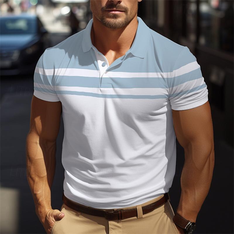 Men's Golf Shirt Golf Polo Work Casual Lapel Short Sleeve Basic Modern Color Block Stripes Button Spring & Summer Regular Fit Black Navy Blue Brown Green Light Blue Grey Golf Shirt3