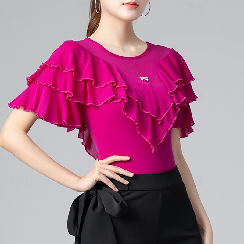 Latin Dance Ballroom Dance Leotard / Onesie Ruffles Pure Color Splicing Women's Performance Training Short Sleeve High Cotton Blend2