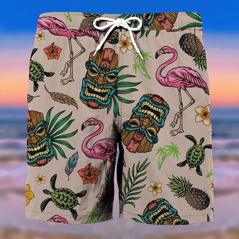 Men's Flamingo Mask Indian Culture Swim Trunks Swim Shorts Board Shorts Mid Waist Fashion Streetwear Designer Casual Daily Holiday Pocket Drawstring Elastic Waist Designer Clothing Apparel