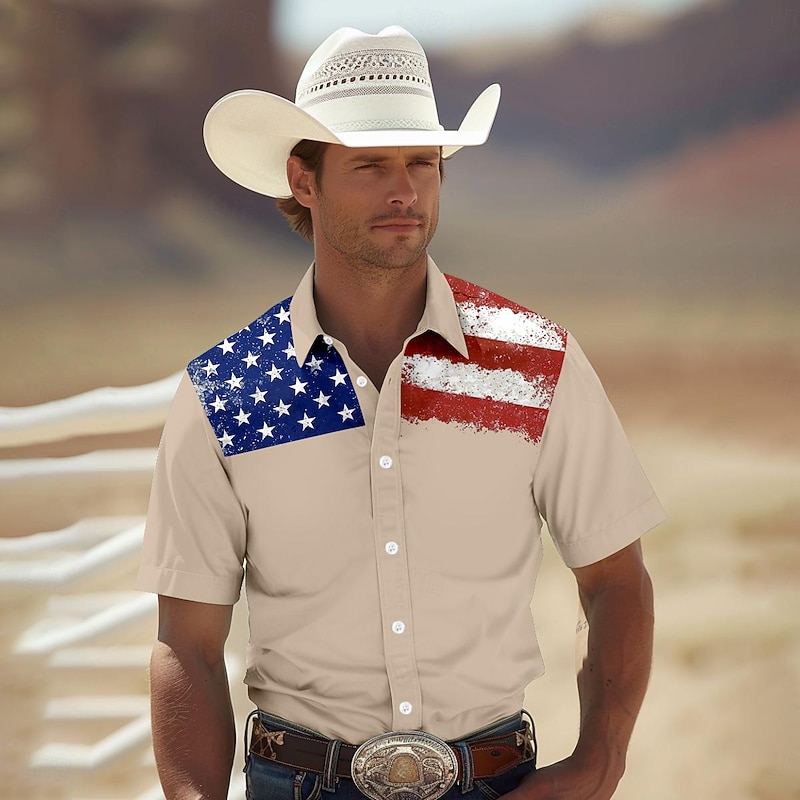 Men's Flag American US Flag Shirt Western Shirt Cowboy Shirt Short Sleeve Western Style Tribal Summer Spring Shirt Collar Khaki
