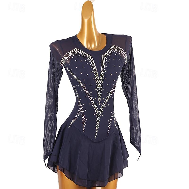 Figure Skating Dress Women's Girls' Ice Skating Dress Dark Navy Patchwork Open Back Mesh High Elasticity Training Competition Skating Wear Classic Crystal / Rhinestone Long Sleeve Ice Skating Figure2
