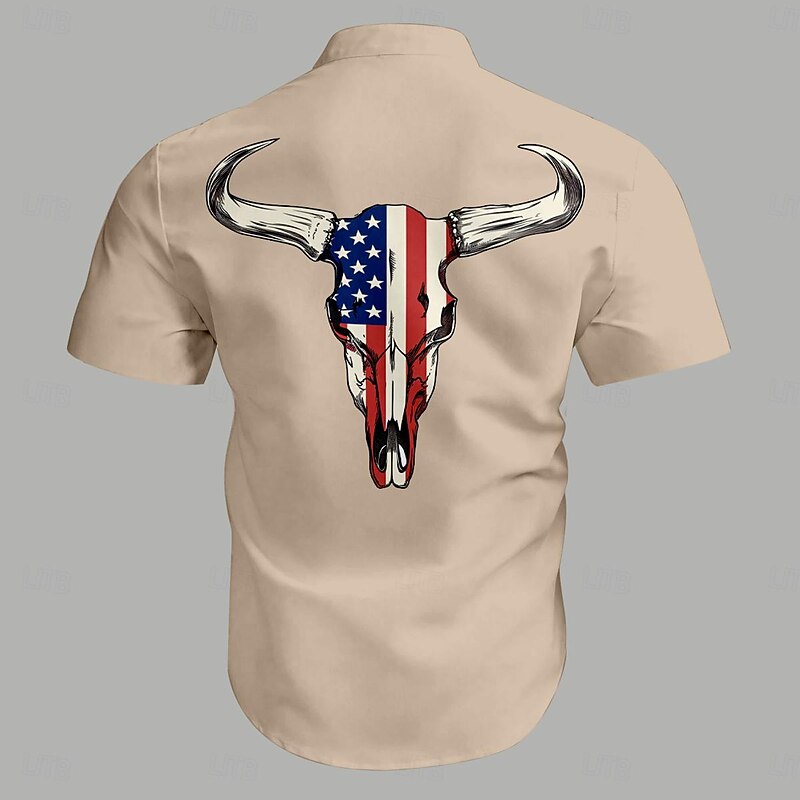 Men's Flag American US Flag Shirt Western Shirt Cowboy Shirt Short Sleeve Western Style Tribal Summer Spring Shirt Collar Khaki2