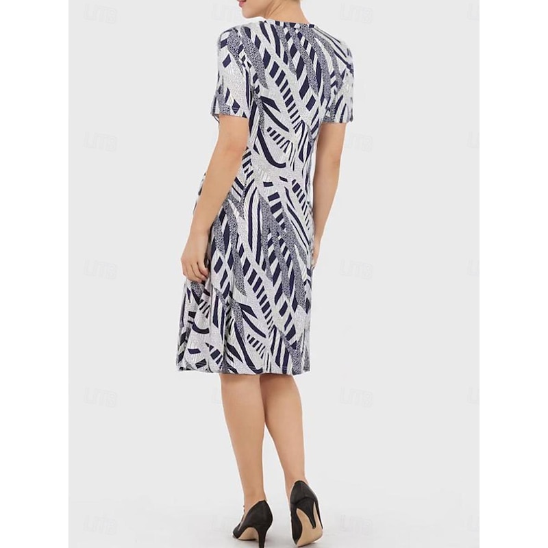 Women's Elegant Party Evening Midi Dress Crew Neck Short Sleeve Casual Dress Shift Dress Summer Dress Vintage Work Casual Loose Fit Geometric Gray Summer2