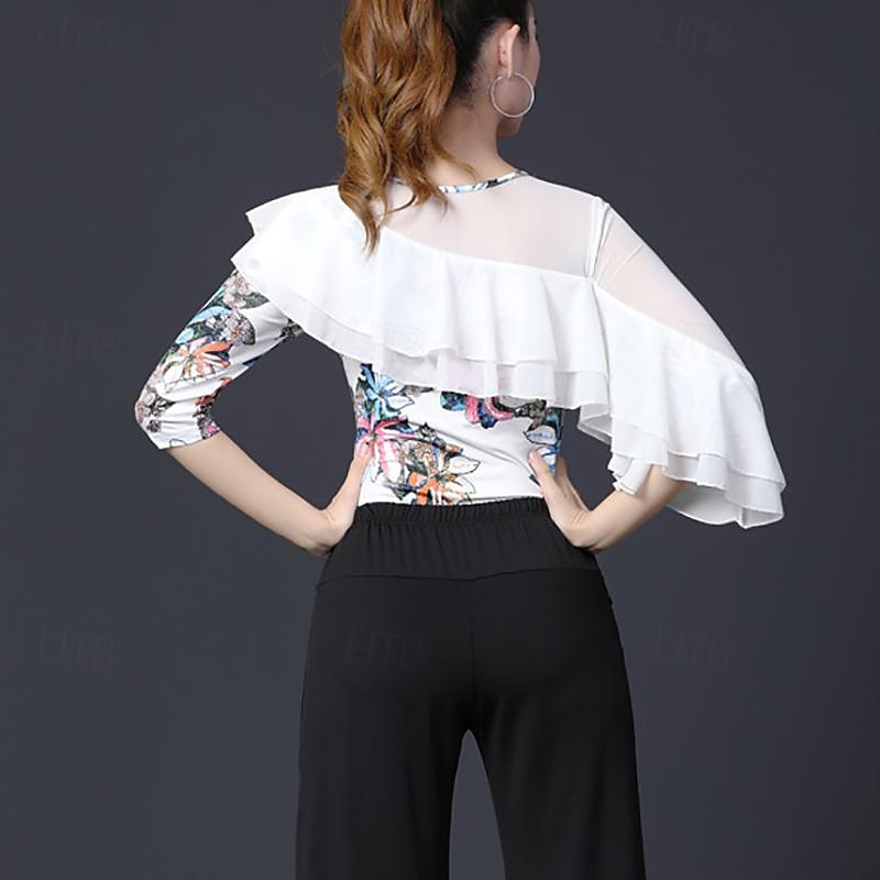 Latin Dance Ballroom Dance Top Printing Ruffles Splicing Women's Performance Training Half Sleeve High Terylene3