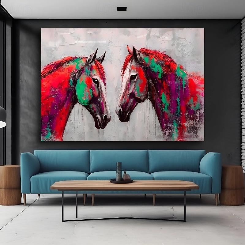 Hand painted Two Horses Art Colorful Unique Horse oil painting Wall Decor Animal Wall Painting Colorful Animal oil painting Art Home Decor Wall Art Gift Office Wall Decor2