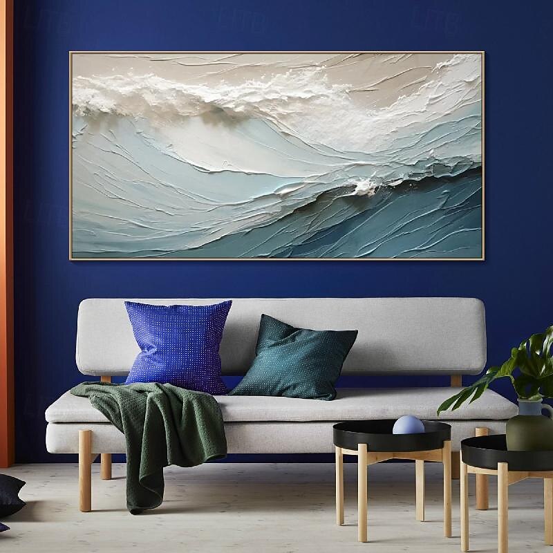 Hand painted 3D Textured Painting on Canvas handmade Blue ocean oil painting Minimalist Painting Sea Wave Painting Wabi-Sabi artwork Wall Art painting Morden Art Bedroom Wall Decor Fashion Art3