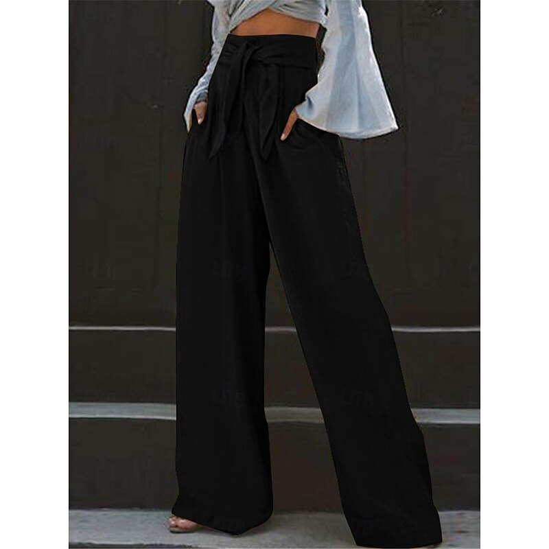Women's Wide Leg Pants Trousers Streetwear Casual Long High Waist Plain Pocket High Cut Breathability Soft Micro-elastic Vacation Street Daily Wear Black Yellow Sky Blue Dark Blue Summer Spring2