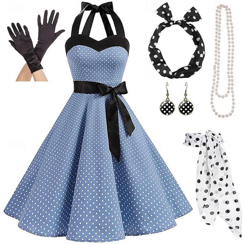 1950s Grease Outfits Vintage Inspired A Line Dress Swing Dress Accesories Set Flare Dress Women's Costume Vintage Cosplay Date Party & Evening Festival A-Line Silk Scarf2