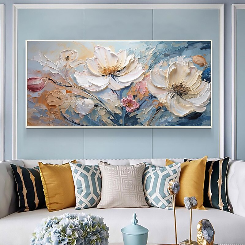 Handmade Original Flower Oil Painting On Canvas Pink Wall Art Decor Thick Texture Blossom Painting for Home Decor With Stretched Frame/Without Inner Frame Painting