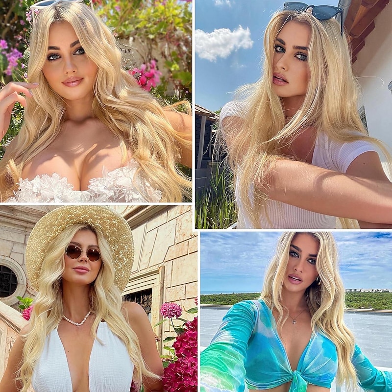 Synthetic Lace Wig Wavy Style 28 inch Blonde Middle Part T Part Wig Women Wig Creamy-white4