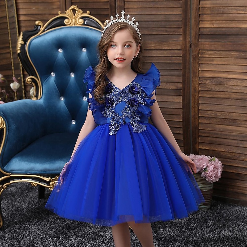 Kids Girls' Dress Party Dress Solid Color Sequin Flower Short Sleeve Wedding Special Occasion Beautiful Sweet Polyester Mesh Midi Summer Spring Fall 4-13 Years Yellow Pink Wine