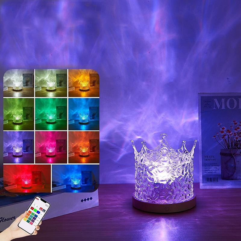 Crown Rotating Water Ripple Nightlight Ocean Wave Projector Lamp Creative Bedside Flame Ambiance Light Romantic Gift Starry Projection Light for Bedrooms, Meditation and Stress Relief
