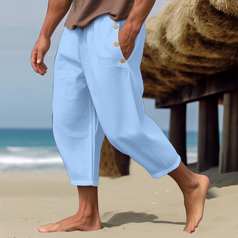 Men's Linen Pants Trousers Summer Pants Drawstring Elastic Waist Plain Comfort Breathable Full Length Casual Daily Holiday Fashion Classic Style White Blue4