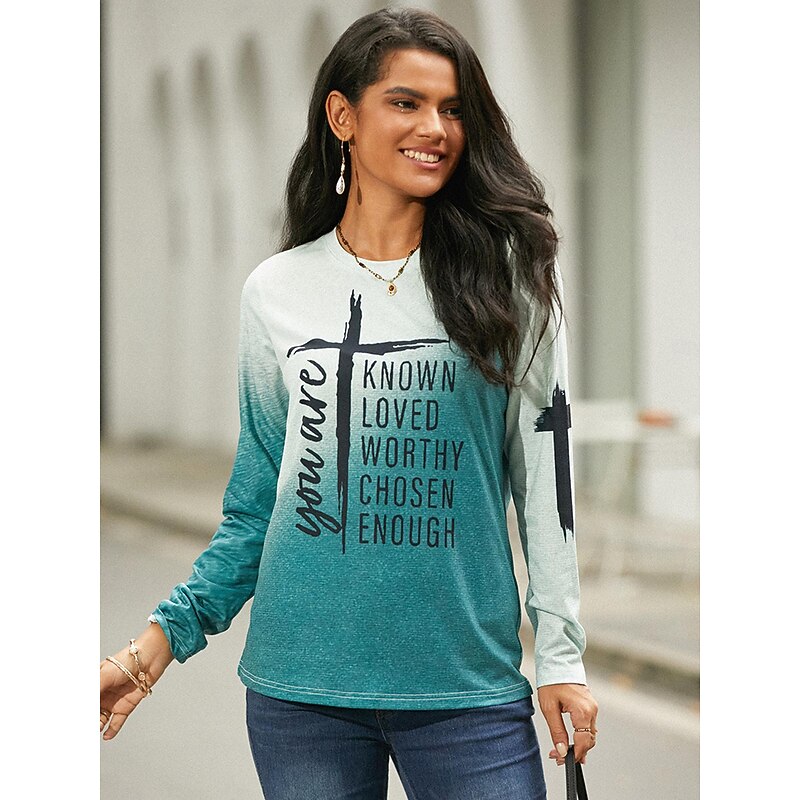 Women's T shirt Crew Neck Long Sleeve Tunic Basic Print Regular Tops Round Neck Daily Weekend Orange Green Gray Spring & Fall Fall & Winter you are KNOWN LOVED WORTHY CHOSEN ENOUGH2