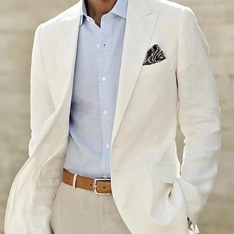 Men's Linen Blazer Sport Coat Closure collar Fashion Casual Solid Colored White Tailored Fit Single Breasted One-button2