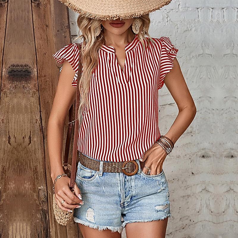 Women's Shirt Blouse Casual Striped Ruffle Print Short Sleeve Regular Tops V Neck Daily Red Navy Blue Blue Brown Green Summer3