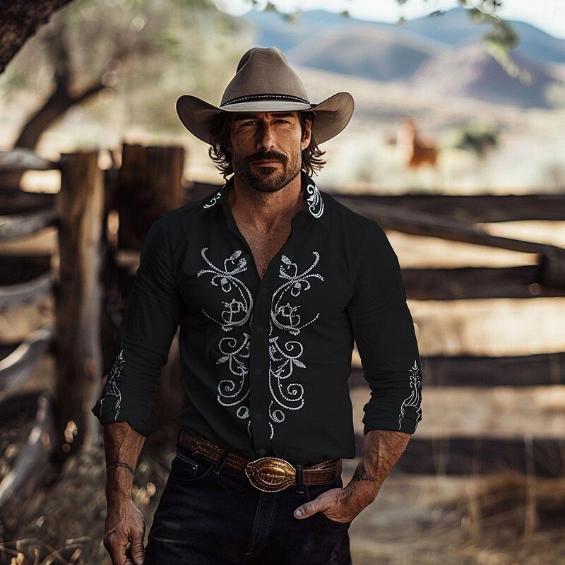 Men's Floral Shirt Western Shirt Cowboy Shirt Long Sleeve Vintage Western Style Outdoor Street Casual Daily Fall & Winter Turndown Buttons Print Black