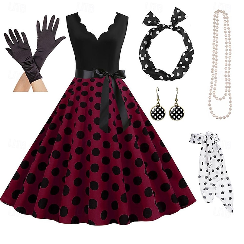 Elegant Retro Vintage 1950s Grease Outfits A-Line Dress Swing Dress Flare Dress Polka Dot Fancy Dress Women's Party / Evening Adults' Dress Gloves Earrings3
