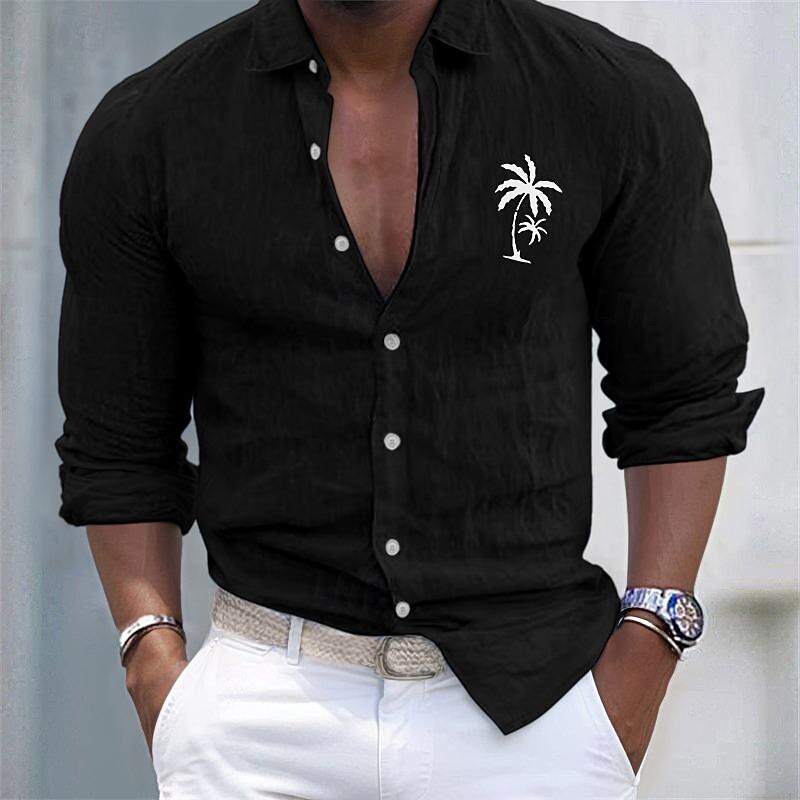 Men's Shirt Linen Shirt Cotton Linen Shirt White Cotton Shirt Minimalist Aloha Shirt Casual Shirt Coconut Tree Vacation Hawaiian Black White Pink Gray Long Sleeve Lapel Spring & Fall Clothing Apparel4