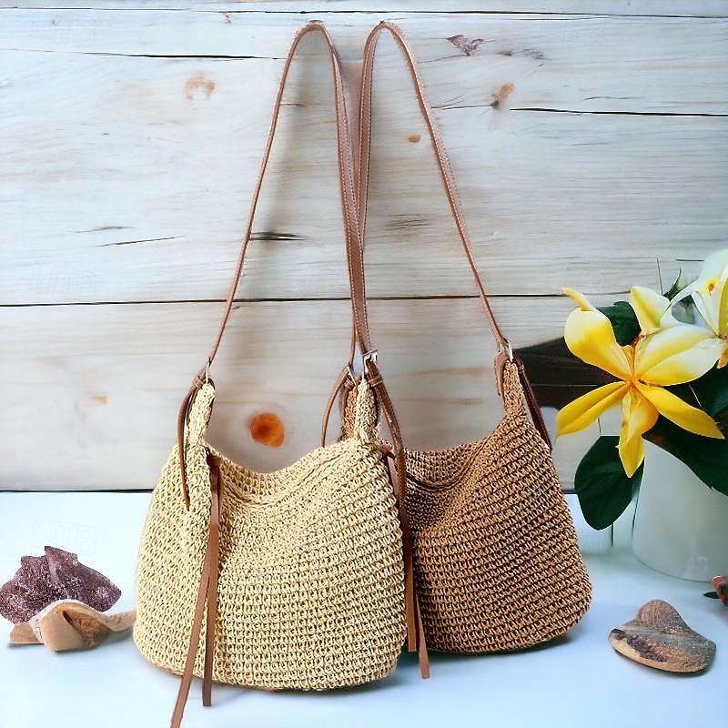 Women's Handwoven Straw Crossbody Bags – Boho Summer Beach Shoulder Bag with Adjustable Leather Strap