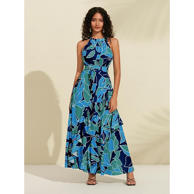Women's Chiffon Dress Maxi Dress Blue Purple Sleeveless Floral Ruffle Printing Spring & Summer Round Pattern Dress XS S M