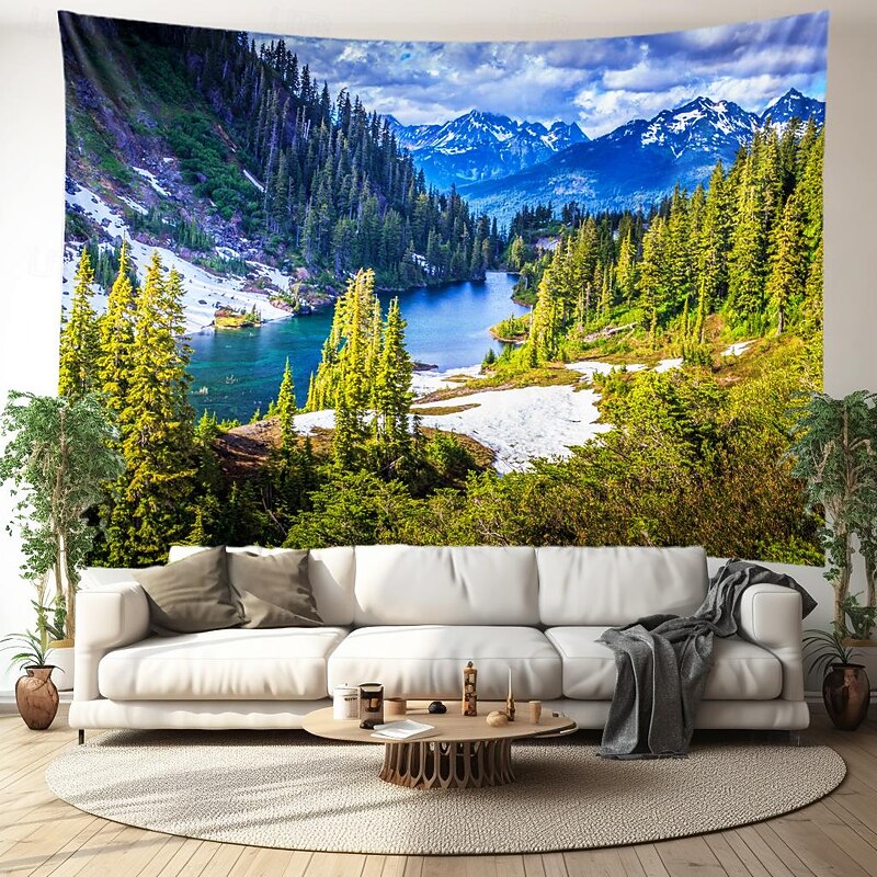 Wall Tapestry Art Decor Blanket Curtain Picnic Tablecloth Hanging Home Bedroom Living Room Dorm Decoration Polyester Green Mountains And Green Waters Views