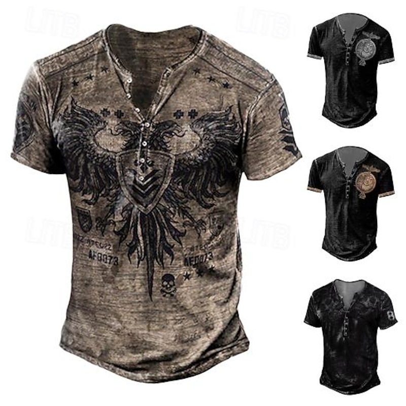 Men's T shirt Tee Henley Shirt Graphic Skull Eagle Henley Black-White Black / Gray Black Blue Brown Street Casual Short Sleeve Button-Down Print Clothing Apparel Stylish Vintage Basic Classic