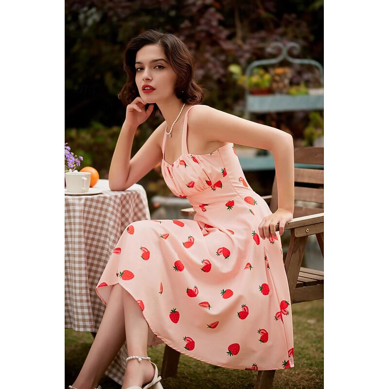 Retro Vintage 1950s Rockabilly Knee Length Dress Swing Dress Flare Dress Halter Floral Fruit Strawberry Fancy Dress Women's Tea Party Casual Daily Bachelorette Party Adults Dress Homecoming Dresses2