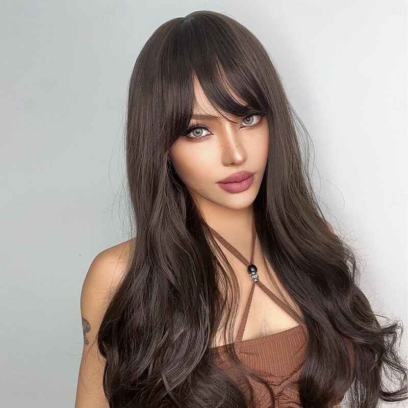 Synthetic Wig Uniforms Career Costumes Princess Wavy Bouncy Curl Middle Part Layered Haircut With Bangs Machine Made Wig 26 inch Dark Brown Synthetic Hair Women's Cosplay Party Fashion Natural Black4