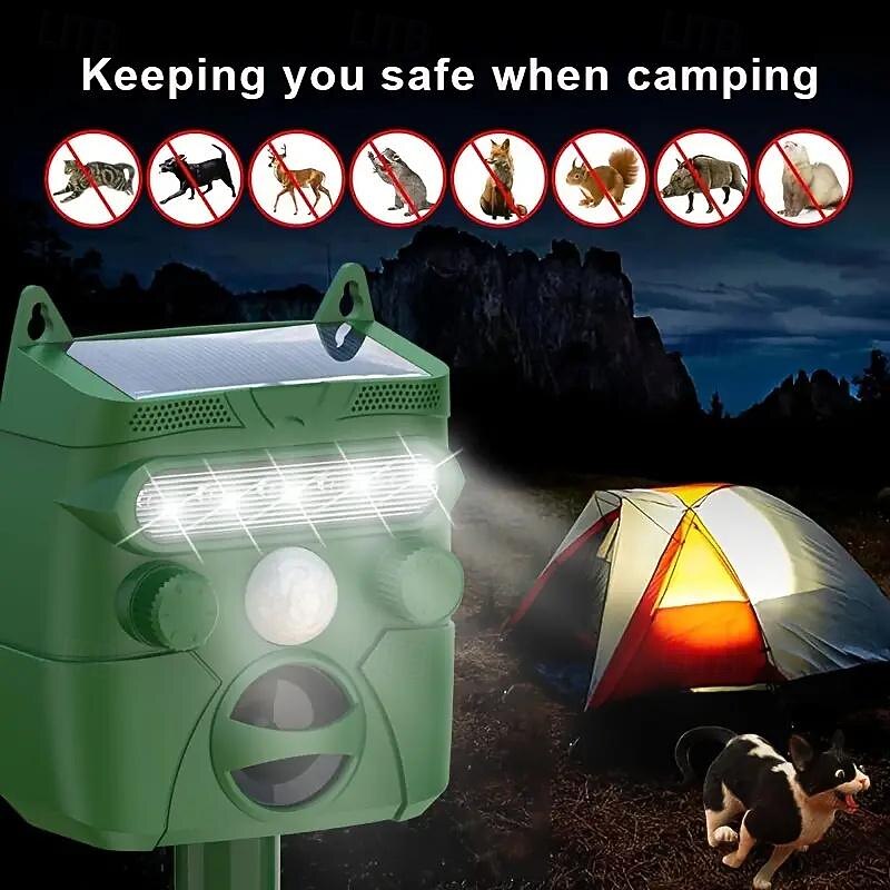 Solar powered animal repeller with 5 operating modes sensitivity adjustment button and LED flash to repel animals. Note Not suitable for repelling large animals.2