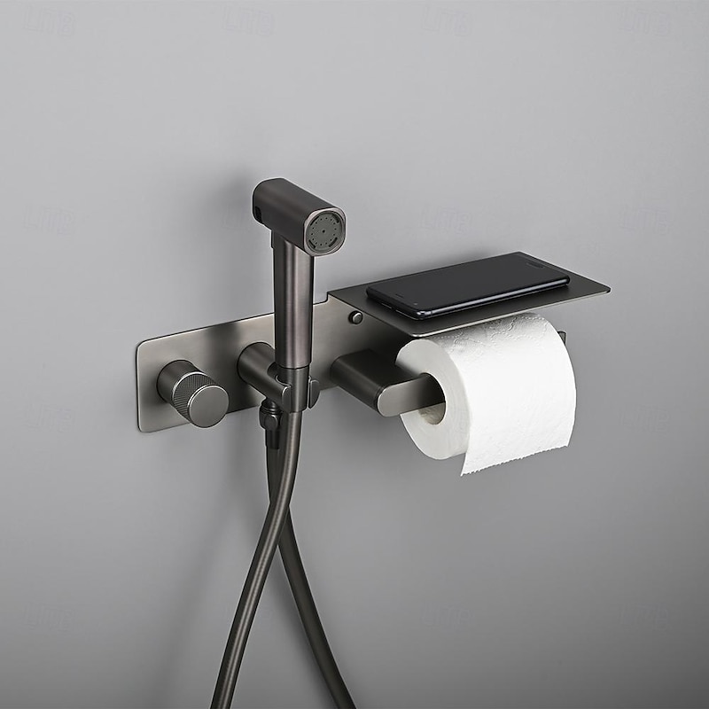 Brushed Gold Bidet Sprayer Concealed Button Brass Valve with Commodity Shelf Paper Holder Plastic Sprayer PVC Hose Grey2
