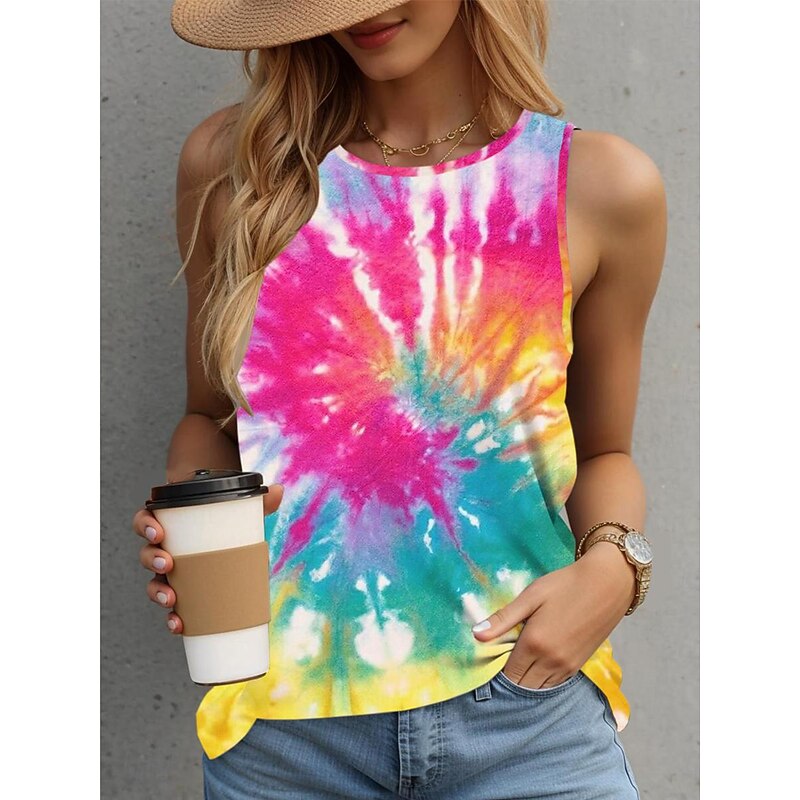 Women's Camisole Tank Top Tie Dye Vest Black Sleeveless Crew Neck Casual Vacation Stylish Summer4