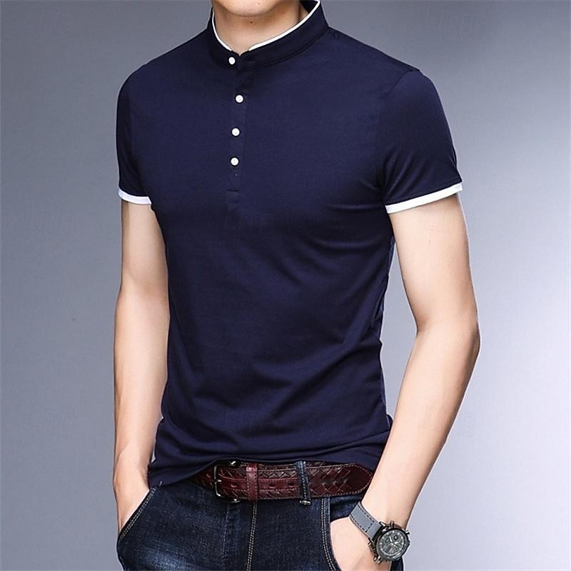Men's Golf Shirt Golf Polo Work Casual Stand Collar Short Sleeve Basic Modern Color Block Patchwork Button Spring & Summer Regular Fit Black White Pink Red Navy Blue Blue Golf Shirt4