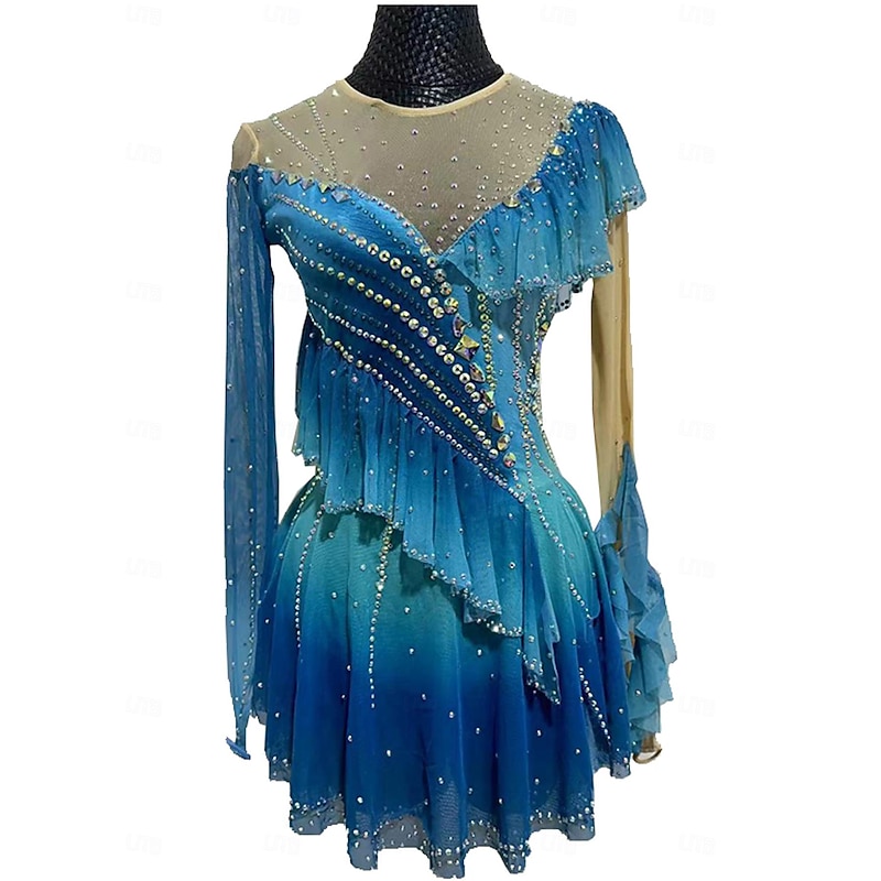 Figure Skating Dress Women's Girls' Ice Skating Dress Forest Green Tassel Mesh Spandex Lace Micro-elastic Training Skating Wear Crystal / Rhinestone Long Sleeve Ice Skating Figure Skating2
