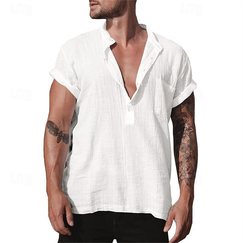 Men's Shirt Linen Shirt Chinese Collar Shirt Mandarin Collar Shirt Casual Shirt Cotton Shirt Plain Vacation Street Black White Yellow Gray Short Sleeve Band Collar Summer Clothing Apparel2
