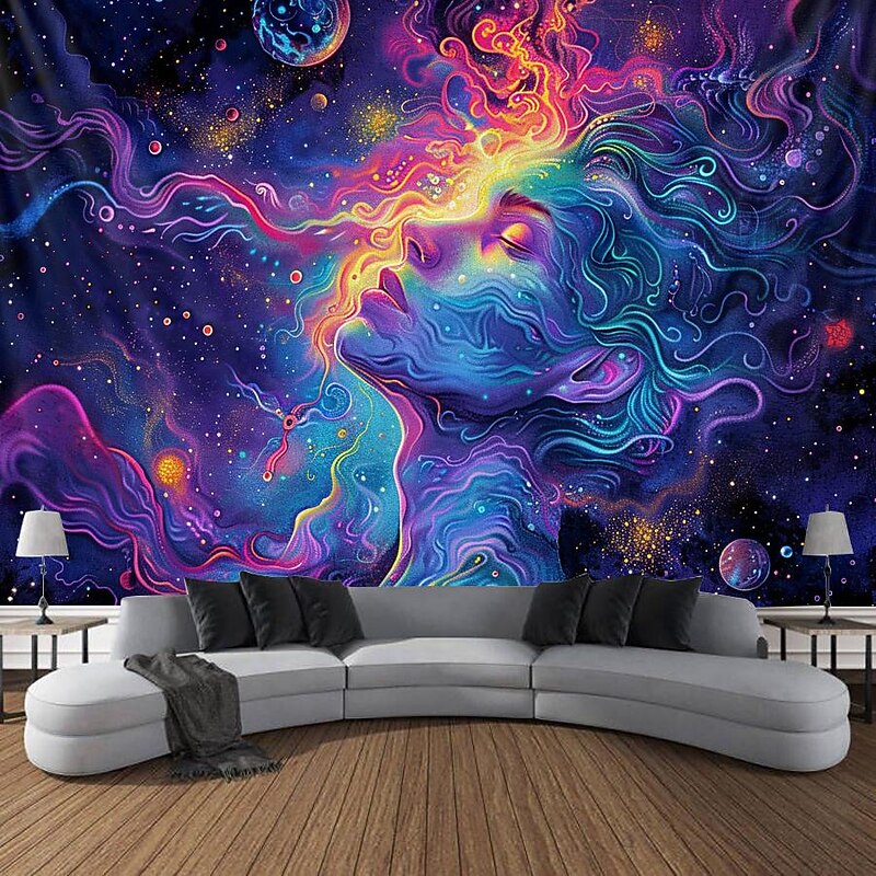 Blacklight Tapestry UV Reactive Glow in the Dark Glow Party Neon Arty Woman Psychedelic Trippy Misty Hanging Tapestry Wall Art Mural for Living4