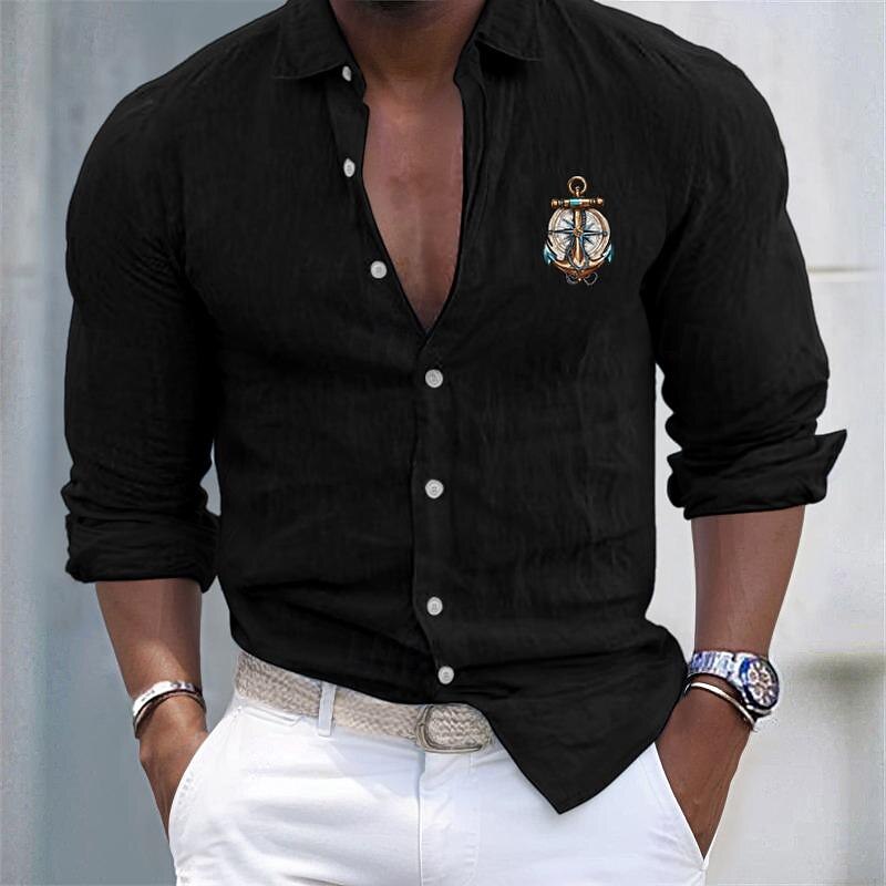 Men's Shirt Cotton Linen Shirt White Cotton Shirt Casual Shirt Anchor Casual Daily Black White Pink Gray Long Sleeve Turndown Summer Clothing Apparel3